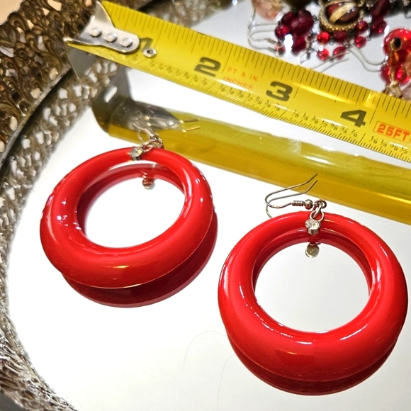 Bright Red Hoop Earrings with Rhinestone - Picture 2 of 4